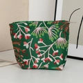 Macro detail of dark green floral cosmetic bag with silver zipper and weave texture - S / Dark Green