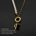 14K gold plated stainless steel necklace featuring pearl chain and gothic letter q - Gothic Letter Q