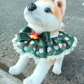 Christmas pet bandana with green Santa print, lace trim and bells for dogs and cats - Christmas Style C (Green Bow Bell)