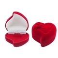 Romantic heart-shaped red velvet ring box with silver diamond ring shown open and closed - White Top Red Bottom / Heart Flower Skewed Single Ring / Red