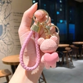 Cute pink woven bear keychain holding heart charm with pink braided lanyard strap - Bear (B255-3) / Single Piece / Pink