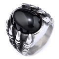 Bague punk griffe de dragon en acier inoxydable avec pierre d'onyx noire ovale vintage - US 7 / Couleur Acier Pierre Précieuse Noire (20103-2)