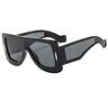 Futuristic flat top oversized sunglasses with black frame and wide golden side temples - Black Frame Black Grey Lens