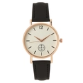 Classic women quartz watch with black leather strap and rose gold round metal case - Black