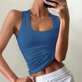 Women's blue ribbed yoga sports tank top with thin straps in 2025 summer style - M / Denim Blue