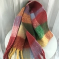 Thick colorful plaid mohair scarf with tassels in vibrant red yellow and blue - Wine Red Rainbow