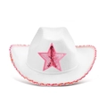 White cowboy hat with pink sequin star and brim detail on a clean white background - White with Pink Star