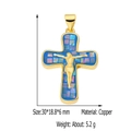 Cross pendant with blue shell inlay and golden copper frame for DIY jewelry - Jesus Cross-Blue Shell (30*18.8mm)