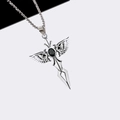 Gothic stainless steel cross pendant necklace with wings and a black center gemstone - Black Angel Wing Sword