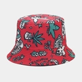 Detail of red canvas bucket hat with skull and luck motif print and fine stitching - M (56-58cm) / Red Rabbit Head Print (No. 4)