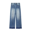 High waist wide-leg blue jeans with vintage wash, front patch pockets and frayed hems - XS / Washed Blue