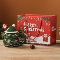 Green Christmas tree ceramic mug with lid, Santa Claus topper and red gift bag set - 400ml / Gift Box-Christmas Tree Design