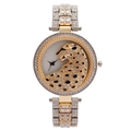 Montre de luxe pour femme avec tête de léopard bicolore et strass en cristal brillants - Or & Argent