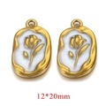 Golden oval pendant with white enamel rose relief 12x20mm stainless steel charm - Tulip / White