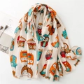 Écharpe en coton et lin beige avec imprimé hibou coloré et détails de glands fins - 180*88 / Beige (SL2311-003)