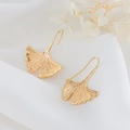 Elegant ginkgo leaf dangle earrings in 14K gold plating with detailed vein texture - 14K Gold