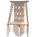 Handmade macrame wall hanging shelf with cream cotton rope and natural wood board - Off-White Style H