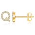 Detailed macro view of S925 sterling silver letter Q stud earring with sparkling cubic zirconia - Gold Q
