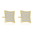 Classic gold square stud earrings with iced out zircon stones on reflective white background - Fashion Square Studs / Gold