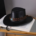 Vintage leather western cowboy hat with wide brim, turquoise ornament and windproof rope - Adult (55-60cm) / Black