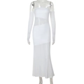 Detail view of white off-shoulder bodycon dress with mesh patchwork and matching sleeves - S / White