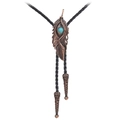 Vintage Bronze Bolo Tie mit Feder-Anhänger und türkisfarbener Perle auf schwarzem Band - Takahashi-Feder Kupfer