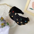 Black twisted headband with colorful sparkling gemstones and rhinestones for women - Black
