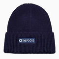Close-up of navy blue ribbed beanie featuring THE FOCUS woven label and knit texture - M(54-60cm) / Navy Blue