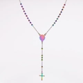 Rainbow stainless steel rosary necklace featuring Saint Benedict medal and cross pendant - Colorful