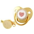 Golden baby pacifier with pink rhinestone heart and matching crystal chain clip - Gold Heart
