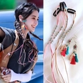 Ethnic style colorful braided hair ropes and matching tassel earrings jewelry set for women - Pink/Khaki Ropes + Earrings Set