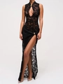 Elegant black lace long dress with U-neck and high side slit for sophisticated evening wear - S / Black