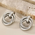 Minimalist silver triple interlocking hoop earrings with textured and polished finish - Triple Chain Style (11429) / 33 White K Matte