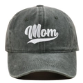 Detailed close-up of white Mom 3D embroidery on a vintage washed charcoal baseball cap - Army Green (Mom)