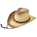 Western style wide brim raffia cowboy hat with silver bull head and chin strap - One Size (58cm) / Khaki Black Rope Bull Head