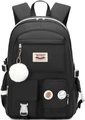 Mochila negra de gran capacidad para estudiantes con pompón y parches decorativos - Con pompón blanco / Negro