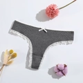 Gray ribbed cotton thong for women with white lace trim and a delicate bow detail - Dark Gray