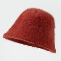 Plüschiger Angora-Fischerhut in Rostrot für Damen, weicher Winterhut in Eimerform - M (56-58cm) / Karamell