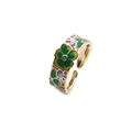 Bague ouverte dorée géométrique avec fleurs en émail colorées et cristal étincelant - Ouvert Réglable / Vert