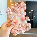 Pink girl's hair clip set with houndstooth and floral patterns on card holder - Bowknot Hair Clip Set (With Cardboard) / Set of 8 / Korean Pink (5#)