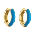 Minimalist gold huggie hoop earrings with vibrant sky blue enamel inlay for women - Blue