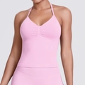 Detail of pink seamless knitted yoga tank top with ruching and ribbed texture - XS / Barbie Pink