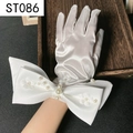 Close-up of white bridal satin gloves featuring a large bow and pearl embellishments - White Satin Large Bowknot Pearl 3D Flower (ST086)