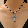 Gothic cross necklace with black gemstone and rhinestone beads on female model - Antique Silver (Black Beaded Cross)