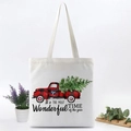 White canvas tote bag with Christmas red truck print and a holiday blessing message - Plaid Pickup Wonderful Time (GW001-22)
