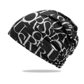 Breathable black street style beanie with white alphabet prints in a slouchy design - Black + White Letters