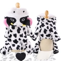 Plush cow pattern dog costume with hood and heart tail on white background - XL