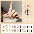 Short square press-on nails set with cream brown plaid and floral patterns, 24pcs - Cream Brown Plaid Floral Glue Style (A3068)