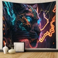 Detail of neon tiger tapestry with vibrant blue and orange lines on a grey textured wall - GT230309-Cyberpunk Tiger