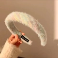 Rainbow striped plush headband for women with soft faux fur texture and handmade label - Plush Blue